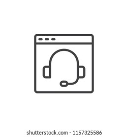 Video chat outline icon. linear style sign for mobile concept and web design. Online Customer service simple line vector icon. Browser with headset symbol, logo illustration. Pixel perfect vector