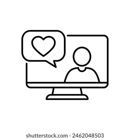 Video chat outline icon set. User profile and like message on the computer. Editable stroke. Isolated vector illustration. 