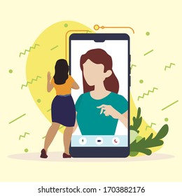 Video chat screen,   mobile application, Latin woman and European woman talking. Illustration for web, Flat design