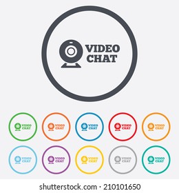 Video chat sign icon. Webcam video conversation symbol. Website webcam talk. Round circle buttons with frame. Vector