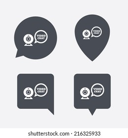 Video chat sign icon. Webcam video speech bubble symbol. Website webcam talk. Map pointers information buttons. Speech bubbles with icons. Vector