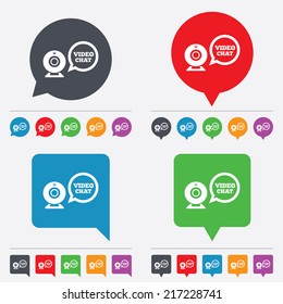 Video chat sign icon. Webcam video speech bubble symbol. Website webcam talk. Speech bubbles information icons. 24 colored buttons. Vector