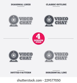 Video chat sign icon. Webcam video conversation symbol. Website webcam talk. Diagonal and horizontal lines, classic outline, dotted texture. Pattern design icons.  Vector