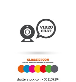 Video chat sign icon. Webcam video speech bubble symbol. Website webcam talk. Classic flat icon. Colored circles. Vector