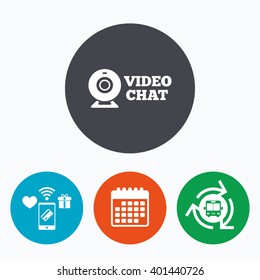 Video chat sign icon. Webcam video conversation symbol. Website webcam talk. Mobile payments, calendar and wifi icons. Bus shuttle.
