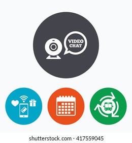 Video chat sign icon. Webcam video speech bubble symbol. Website webcam talk. Mobile payments, calendar and wifi icons. Bus shuttle.