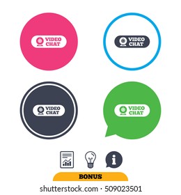 Video chat sign icon. Webcam video conversation symbol. Website webcam talk. Report document, information sign and light bulb icons. Vector