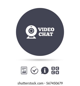 Video chat sign icon. Webcam video conversation symbol. Website webcam talk. Report document, information and check tick icons. Currency exchange. Vector