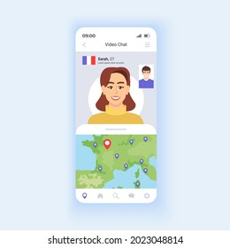 Video chat smartphone interface vector template. Mobile app page design layout. Dating screen. Making friends worldwide. Explore the world and travel virtually. Flat UI for application. Phone display