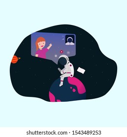 Video chat in space.Sit on the planet and call your love.Astronaut video chat with his wife.Concept art face time in space vector in flat hand draw style.Vector Illustration EPS.10