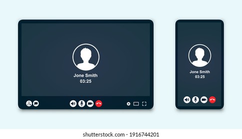 Video chat user interface, concept of social remote media, video calls window overlay, conference chat application ui, remote communication, video call screen on mobile phone and web.