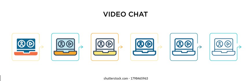 Video Chat Vektorsymbol in 6 verschiedenen modernen Stilen. Schwarze, zweifarbige Video-Chat-Icons, die in voller Umriss-, Linien- und Strichform entworfen wurden. Vektorgrafik kann für Web, Mobile, i