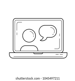 Video chat vector line icon isolated on white background. Computer laptop with video chat on the screen line icon for infographic, website or app.