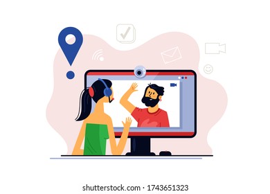 Video chat. Virtual conference with online video chat for remote work. Video call from computer for meeting with business team. Teaching and discussion digital technology for distance learning.