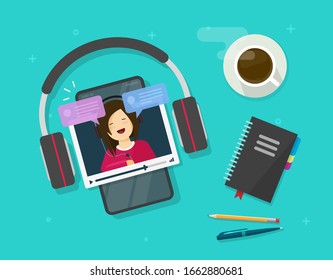 Video-Chat-Beobachtung auf Handy-Vektorillustration oder Smartphone mit visuellem Anruf auf Arbeitstisch-Tisch flache Cartoon-Illustration, Vorstellung von digitaler Bildung oder Internet-Chat von Mobiltelefon modernes Design