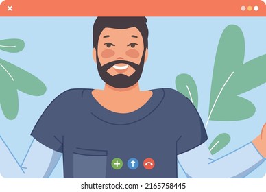 Video chat window with man outdoors. Happy person call isolated on white background