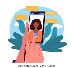 Video chat with woman. Young girl on smartphone screen. Communication on social networks and instant messengers, video call. Flat vector illustration isolated on white background