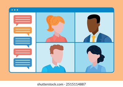 Video Conversación del equipo de trabajo de chat con chat de texto. Video Cuatro empleados hablan en una llamada en una aplicación de Web. Empleados de diferentes etnias y géneros. Vector de diseño plano