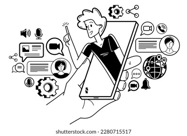 Video chat, young people are speaking remote about business and work, vector outline conference, online chatting team of workers, online conference webinar.