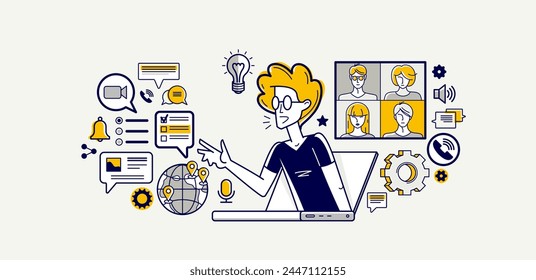 Video chat, young people are speaking remote about business and work, vector outline conference, online chatting team of workers, online conference webinar.