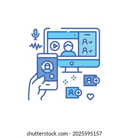 Video chatting color line icon. Virtual communication concept. Player window with people. Home leisure. Vector isolated illustration. Editable stroke