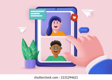 Ilustración 3D del concepto de chat de vídeo. Videollamaciones con amigos, comunicación en línea y encuentro con personas en la interfaz de aplicaciones móviles. Ilustración vectorial para diseño de banners web modernos