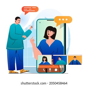 Video chatting concept in modern flat design. Man makes video call to friends or colleagues and communicate at different screens at mobile apps. Online communication technology. Vector illustration