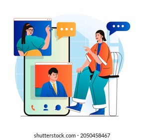 Video chatting concept in modern flat design. Friends communicate by group video call at different screens. Online communication technology and virtual meeting at zoom programm. Vector illustration