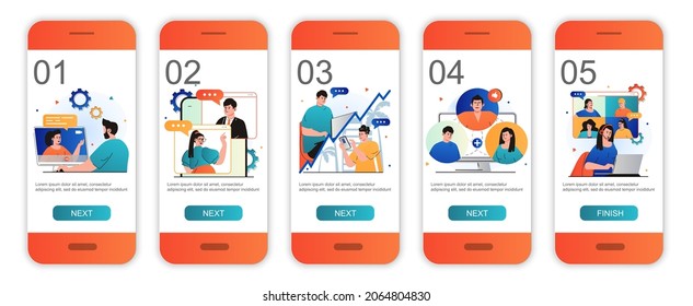 Video chatting concept onboarding screens for mobile app templates. Online meeting communication. Modern UI, UX, GUI screens user interface kit with people scenes for web design. Vector illustration