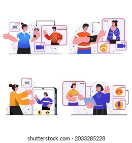 Montaje de escenas del concepto de chat de vídeo. Personas reunidas usando videollamadas, comunicación de amigos en aplicación, trabajo en red y conferencia en línea. Colección de ilustraciones de vectores en diseño plano de moda