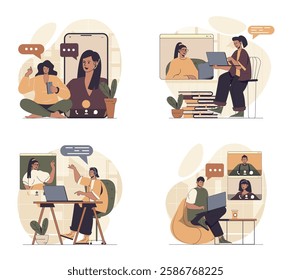 Video chatting concept scenes set in flat web design. People in situations of connecting online and calling in zoom y mobile app or laptop, talking with friends colleagues. Vector illustrations.