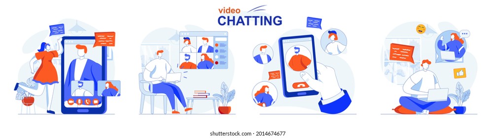 Conjunto de conceptos de chat de vídeo. Comunicación en línea, los amigos hablan en videollamadas. La gente aisló escenas en diseño plano. Ilustración vectorial para blogs, sitio web, aplicación móvil, materiales promocionales.