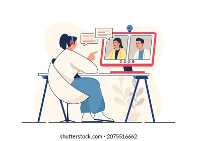 Concepto de chat de video para banner web. Mujer hablando con amigos por videollamadas con colegas y amigos, escena de personas modernas. Ilustración vectorial en el diseño de caricaturas planas con personajes de la gente