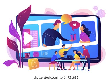 Video chatting, Internet hosting. Market tendencies analyzing. Visual storytelling, eye-catching design trend, best visual communication concept. Bright vibrant violet vector isolated illustration