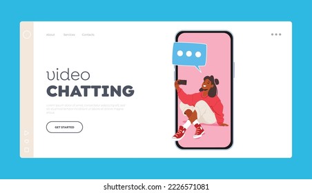 Video Chatting Landing Page Template. Fashionable Girl Teenager Making Selfie and Chat by Smartphone. Young Woman Character Posing and Photographing on Mobile. Cartoon Vector Illustration