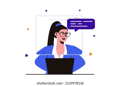 Video chatting modern flat concept for web banner design. Woman makes outgoing or incoming video calls, communicates online, works remotely using laptop. Vector illustration with isolated people scene