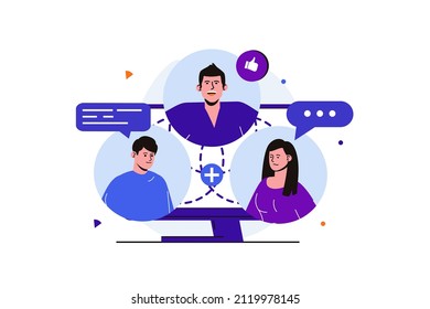 Video chatting modern flat concept for web banner design. Group of friends communicate in online call, write messages. Remote employees confer online. Vector illustration with isolated people scene