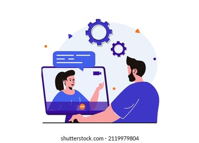 Video Chatting Modern Flat Concept For Web Banner Design. Man Listening Woman Via Video Communication And Looks At Computer Screen. Online Communication. Vector Illustration With Isolated People Scene