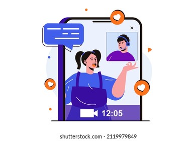 Conversación de video concepto plano moderno para el diseño de banners web. Mujer y hombre hablando usando la aplicación móvil de videollamadas. Muchacha está emitiendo en vivo en la pantalla. Ilustración vectorial con la escena de personas aisladas
