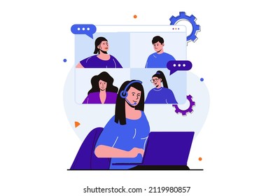 Video Chat moderne flache Konzept für Web-Banner Design. Frauen im Headset, die mit einer Gruppe von Freunden oder Kollegen in einer Online-Konferenz mit Laptop sprechen. Vektorgrafik mit Szene isolierter Menschen