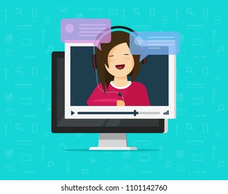 Video chatting online on computer vector illustration, flat cartoon video player with speaking happy girl and bubble speeches messages on pc, distance learning or study concept, internet education