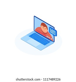 Video chatting online on computer. Isometrics young people, communication on the Internet with different people, correspondence.