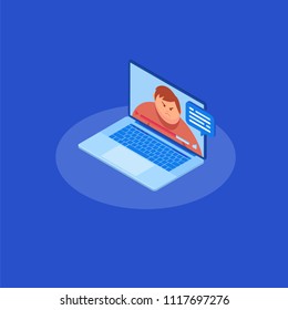 Video chatting online on computer. Isometrics young people, communication on the Internet with different people, correspondence.