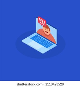Video chatting online on computer. Isometrics young people, communication on the Internet with different people, correspondence.