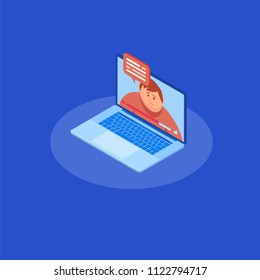 Video chatting online on computer. Isometrics young people, communication on the Internet with different people, correspondence.