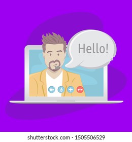 Video chatting online on laptop. Bubble speeches