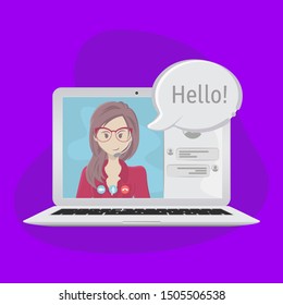 Video chatting online on laptop. Bubble speeches