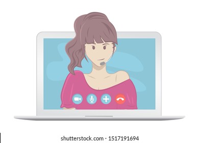 Video chatting online on laptop. Isolated on a white background