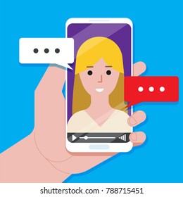 Video chatting online on smartphone vector illustration, flat cartoon video player window with speaking happy girl and bubble speeches messages on phone concept of on-line chat app, internet talk call