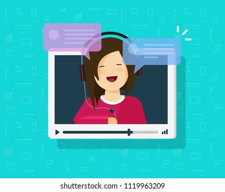 Imagen vectorial de chat en línea, ventana plana de reproductor de vídeo de dibujos animados con mensajes de voz feliz de chica y burbuja, concepto de aplicación de chat en línea, llamada de conversación en Internet
